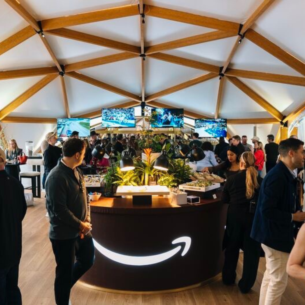 Custom Amazon exhibit pavilion with wooden trussed dome ceiling built by Nova Exhibit Group